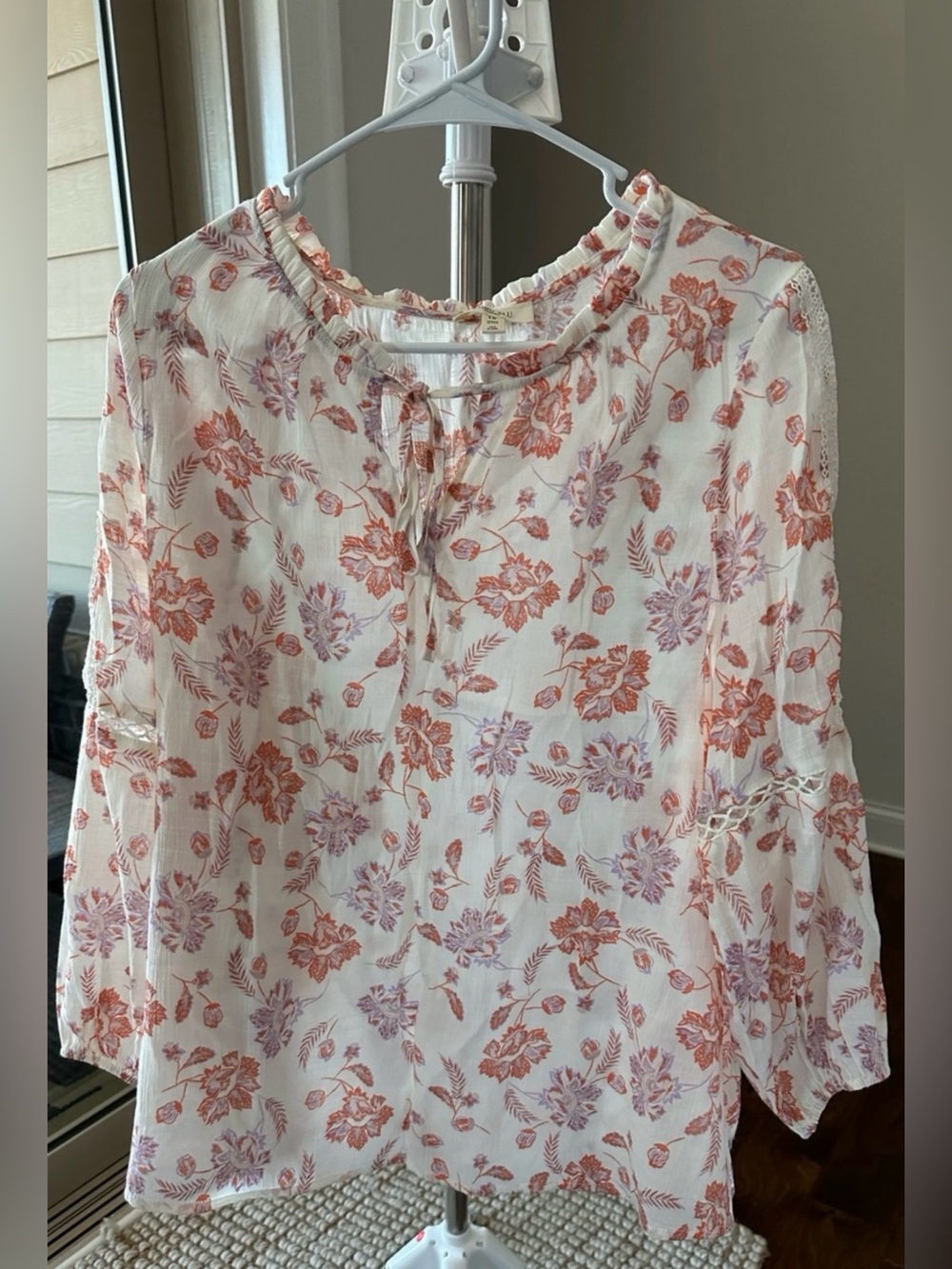 Lightweight Floral Peasant Blouse in Cream with Orange & Lavender
